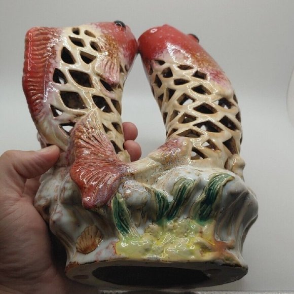 Chinese Carp 10" Ceramic Statue fish Gulp Colorful ocean art Sancai JALI Style - Picture 10 of 10